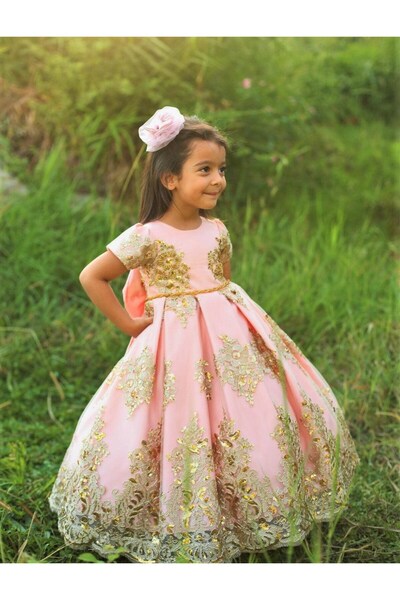 sara tasarım Pembe Dantelli Uzun 6 AY Elbise Royal