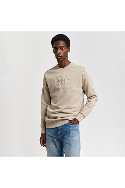 Gant Erkek Bej Regular Fit Bisiklet Yaka Logolu Sweatshirt