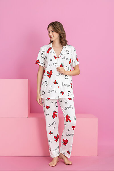 rindahomewear Set de pijamale cu mânecă scurtă, cu nasturi, cu model de inimă...