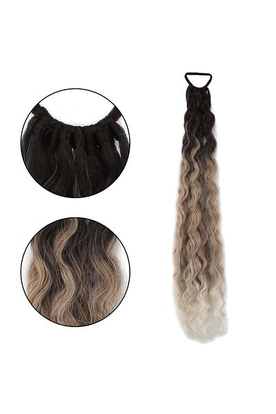 Mina Peruk Rubber Buckle Ponytail Fluffy Afro Wavy - Brown / Auburn Ombre White Platinum Highlight