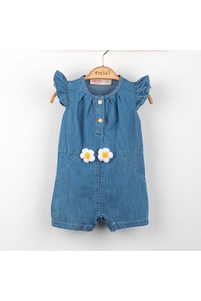 NECİXS BEBEE Flower Embroidered Girl's Short Jeans Jumpsuit Dark Blue