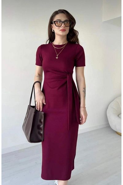 MEGOMEL Women's Plain Patternless Side Tie Detail Dress