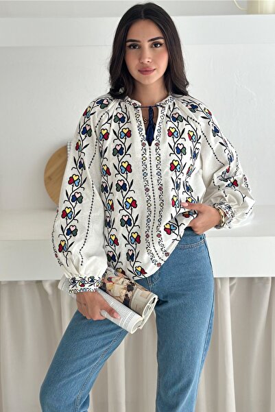 FEMELLE Women's Tassel Colorful Ethnic Pattern Embroidery Embroidered Cotton Blouse