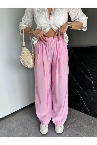 Lavanta Tekstil Pink Loose Cut Elastic Waist Trousers