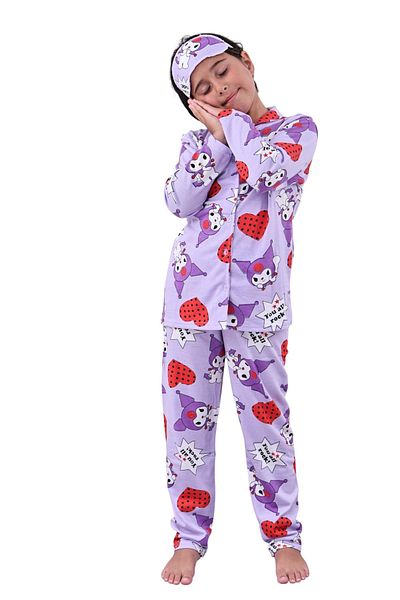 Beka Kids Girl's Front Buttoned Kuromi Patterned Pajama Set 100% Cotton Pajama Set and Eye Patch