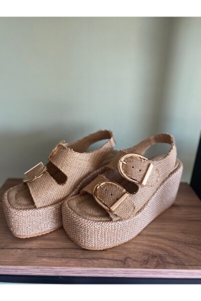 CHERİE Kadın Şeritli Hasır Dolgu Topuk Sandalet