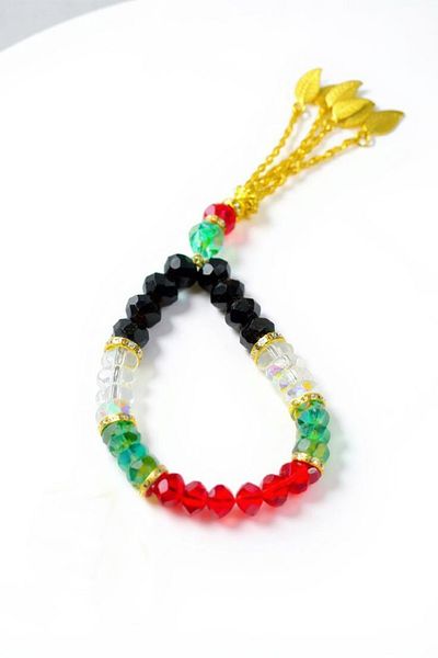 Zaytoon Handmade Gold Imame Rosary with Palestinian Flag Design Crystal Stones 33 A300045