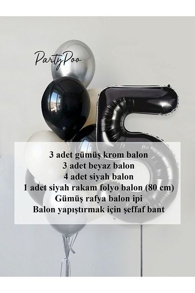 PartyPoo Black Number Foil Silver Metallic Balloon Set 10-Piece Birthday Balloon Set