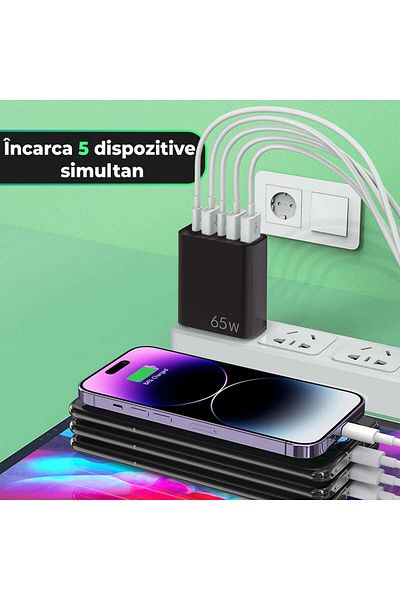 Timebox Mains Charger, 5 Ports, 65W Fast Charge, 3 x USB, 2 x Type-C, USB-C Data Cable Included