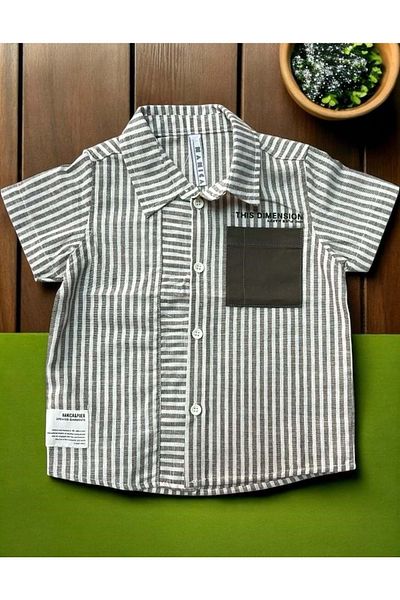 Nanica Kids Cep Detail Striped Short Sleeve Shirt Khaki