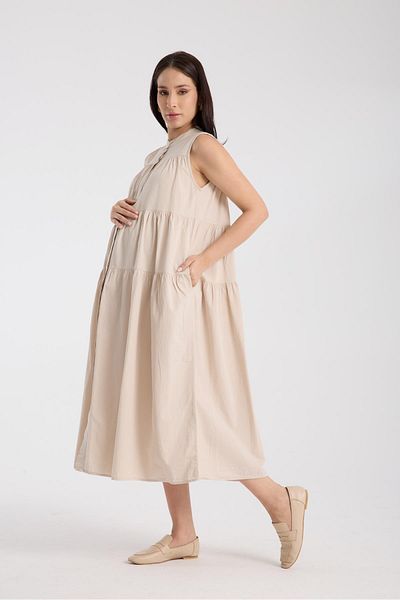 LİYACA Zero Sleeve Front Buttoned Judge Collar Midi Maternity Dress