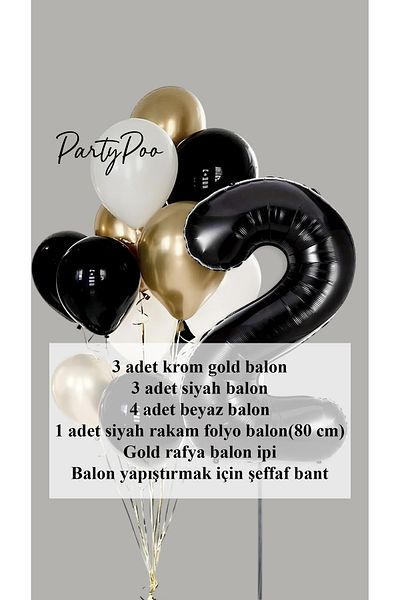 PartyPoo Black Number Foil Gold Metallic Balloon Set of 10 Birthday Balloon Set
