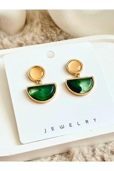 Usho Jewelry ZEGA Yeşil Taş Şık Küpe, Gümüş Kaplama Kadın Küpe