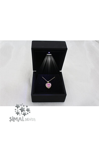 Şimal Silver 925 Ayar Gümüş Işıklı Kutuda Pırlanta Montürlü Pembe Taşlı Kalp Kolye