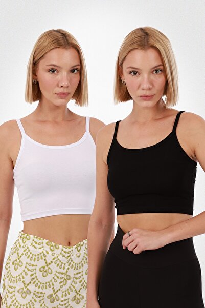 Yade Fashion Kadın Askılı Crop 2’li Set – Beyaz Siyah
