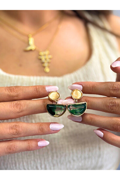 Usho Jewelry ZEGA Yeşil Taş Şık Küpe, Gümüş Kaplama Kadın Küpe