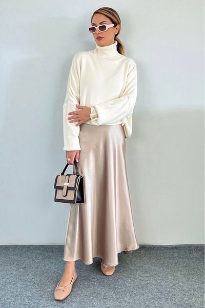 Ritnice Fusta maxi din satin auriu cu talie elastică Luna