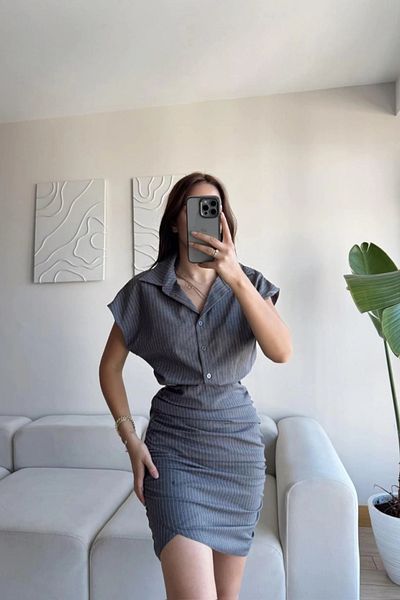 MOZENA Double Fabric Striped Shirt Dress