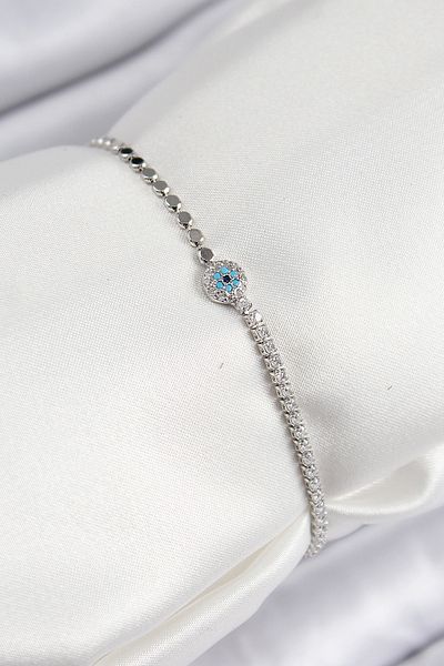 MÇ Plus Brass Zircon Stone Evil Eye Model Crushed Chain Silver Color Women's Bracelet