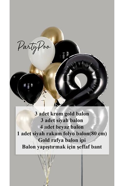 PartyPoo Black Number Foil Gold Metallic Balloon Set of 10 Birthday Balloon Set