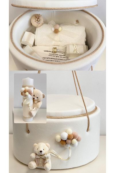 Kids Set cufăr pentru bebeluși - catifea ivory cu ursuleț și baloane decorative