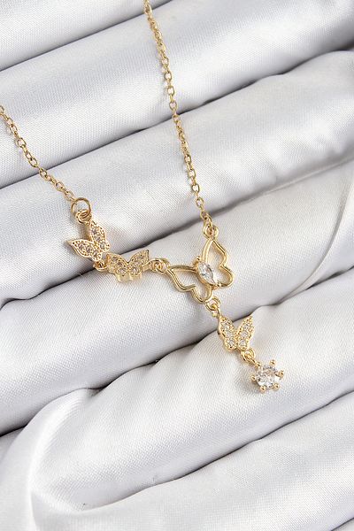 TUA MODA Old Fashioned 316L Steel Zircon Stone Butterfly Model Gold Color Women's Necklace