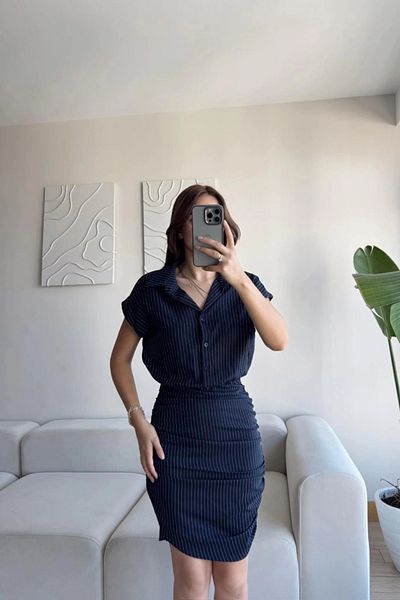 MOZENA Double Fabric Striped Shirt Dress