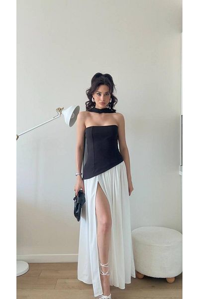 LOCH BUTİK Γυναικείο Μαύρο Φόρεμα Midi Slit με Σάλι