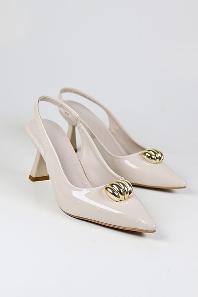 NiceDiffer Women's Beige Patent Leather Gold Buckle Detailed Stiletto Classic Comfortable Heeled Shoes 7cm