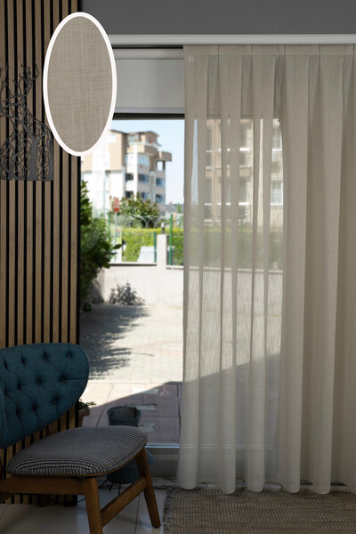 Elen's Natural Flamlı Efektli Keten Özel Ütü İstemez Kalın Bej Tül Perde 1/2 ...