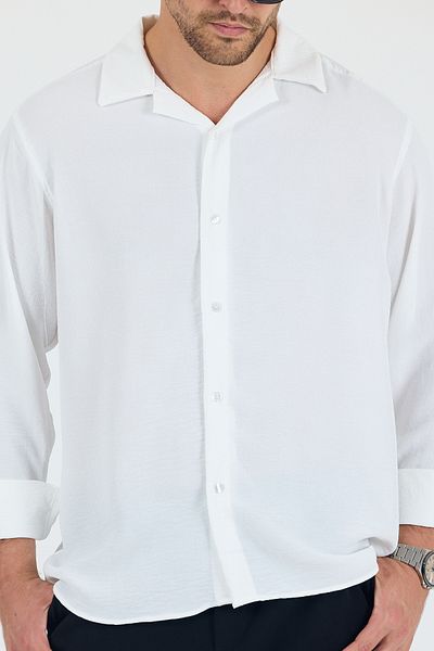 Trn JNS Мъжка риза Itally White Summer Aerobin Linen с текстурирана кройка и удобна кройка Oversize
