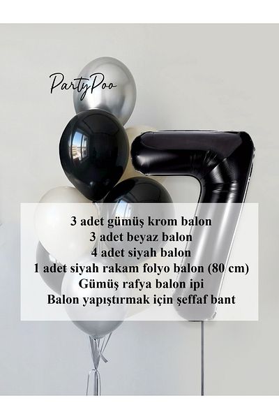 PartyPoo Black Number Foil Silver Metallic Balloon Set 10-Piece Birthday Balloon Set