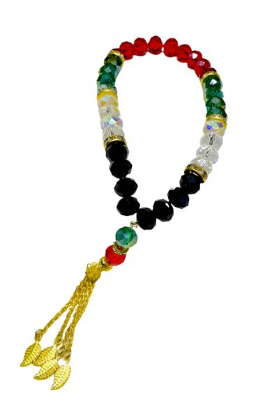 Zaytoon Handmade Gold Imame Rosary with Palestinian Flag Design Crystal Stones 33 A300045