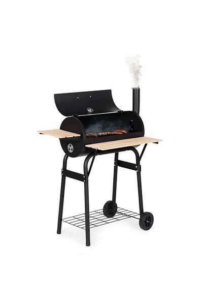 SERSIMO Gratar de gradina 91x60x114 cm, cu cos de fum, termometru si 3 rafturi, metal cromat, negru