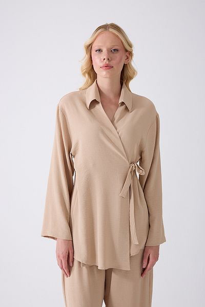 Fumel Beige Double Breasted Tie Kimono Suit – Oversize Relaxed Fit