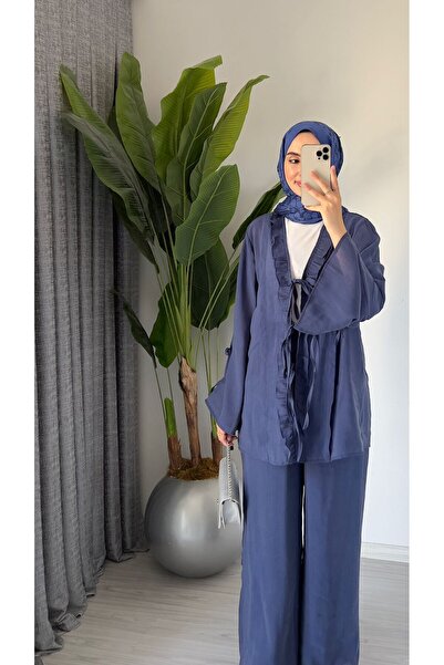 Molly Nelly Women's Summer Cotton Voile Lined Navy Blue Trouser Blouse Set with Lace Detail