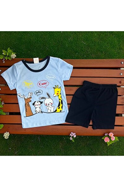 Balgüneş Tekstil Happy Day Printed Tshirt Shorts Set Blue