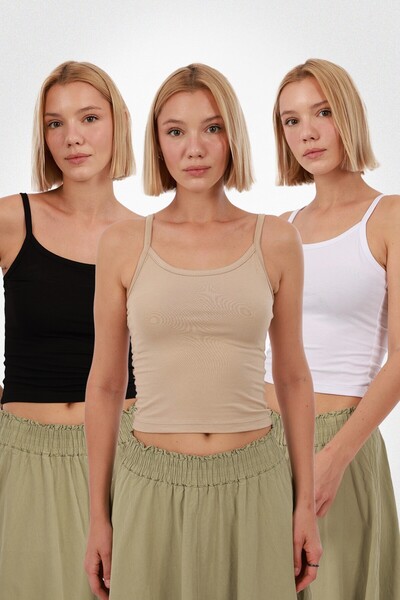 Yade Fashion Kadın Askılı Atlet 3’lü Set – Siyah Beyaz Ekru