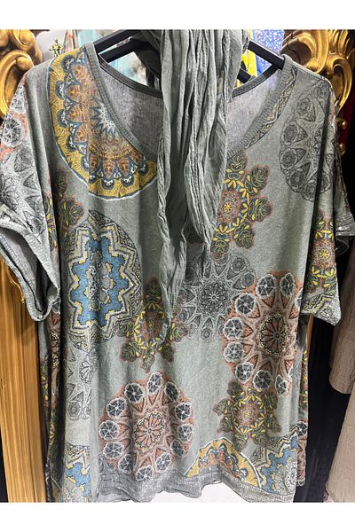Butik Ayseba Italian Blouse Tie Dye Pattern Sequin Detailed Blouse with Shawl