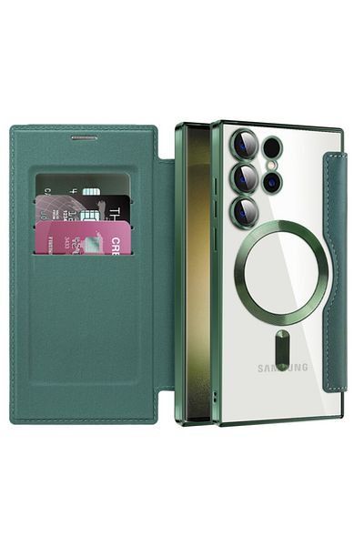 SKYDDAR INNOVATION Case for Samsung Galaxy S23 Ultra, SmartMag Book, Magsafe, RFiD, Card Holder, sticker set, Green
