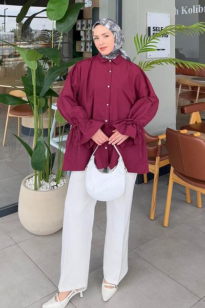lamelif Sleeve Tunnel Rope Detailed Shirt Burgundy