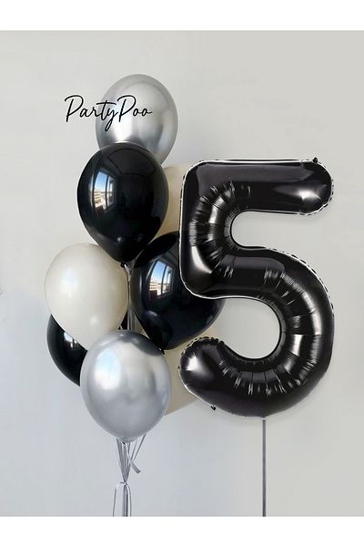 PartyPoo Black Number Foil Silver Metallic Balloon Set 10-Piece Birthday Balloon Set