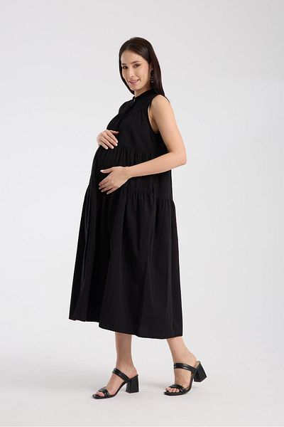 LİYACA Zero Sleeve Front Buttoned Judge Collar Midi Maternity Dress