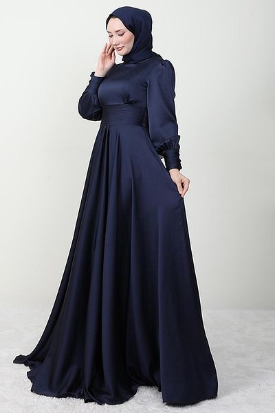 GİYZAMİLA Pleated Waist Satin Evening Dress Navy Blue