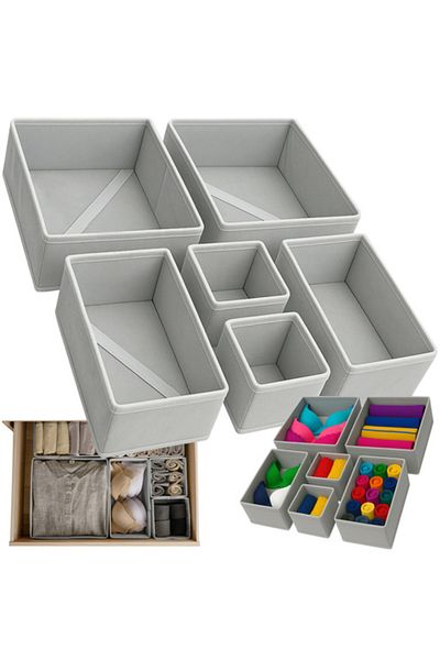 zola Set of 6 drawer organizer boxes, foldable, 3 different sizes, 14/28 x 14/28 x 12 cm, gray