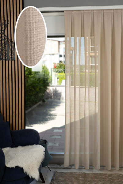 Elen's Şık Kaliteli Gramajlı Kristal Keten Bej Salon Mutfak Yatak Odası Tül P...