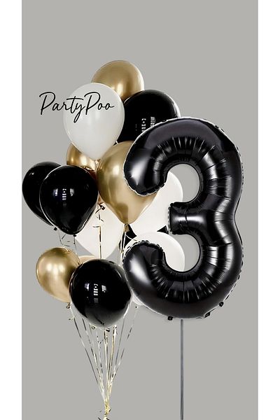 PartyPoo Black Number Foil Gold Metallic Balloon Set of 10 Birthday Balloon Set