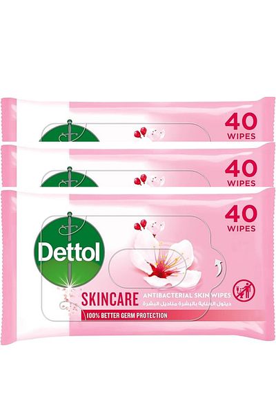 Dettol Skincare Antibacterial Skin Wipes – 3 Packs (120 Wipes) Kills 99.9% of Germs