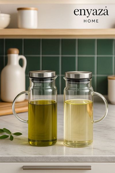 ENYAZA(2024) Set of 2 Metal Lid 1500 ml Large Size Oil Pot Set Sunflower Oil Olive Oil Set Flat Model