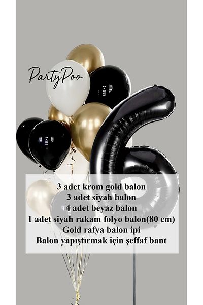 PartyPoo Black Number Foil Gold Metallic Balloon Set of 10 Birthday Balloon Set